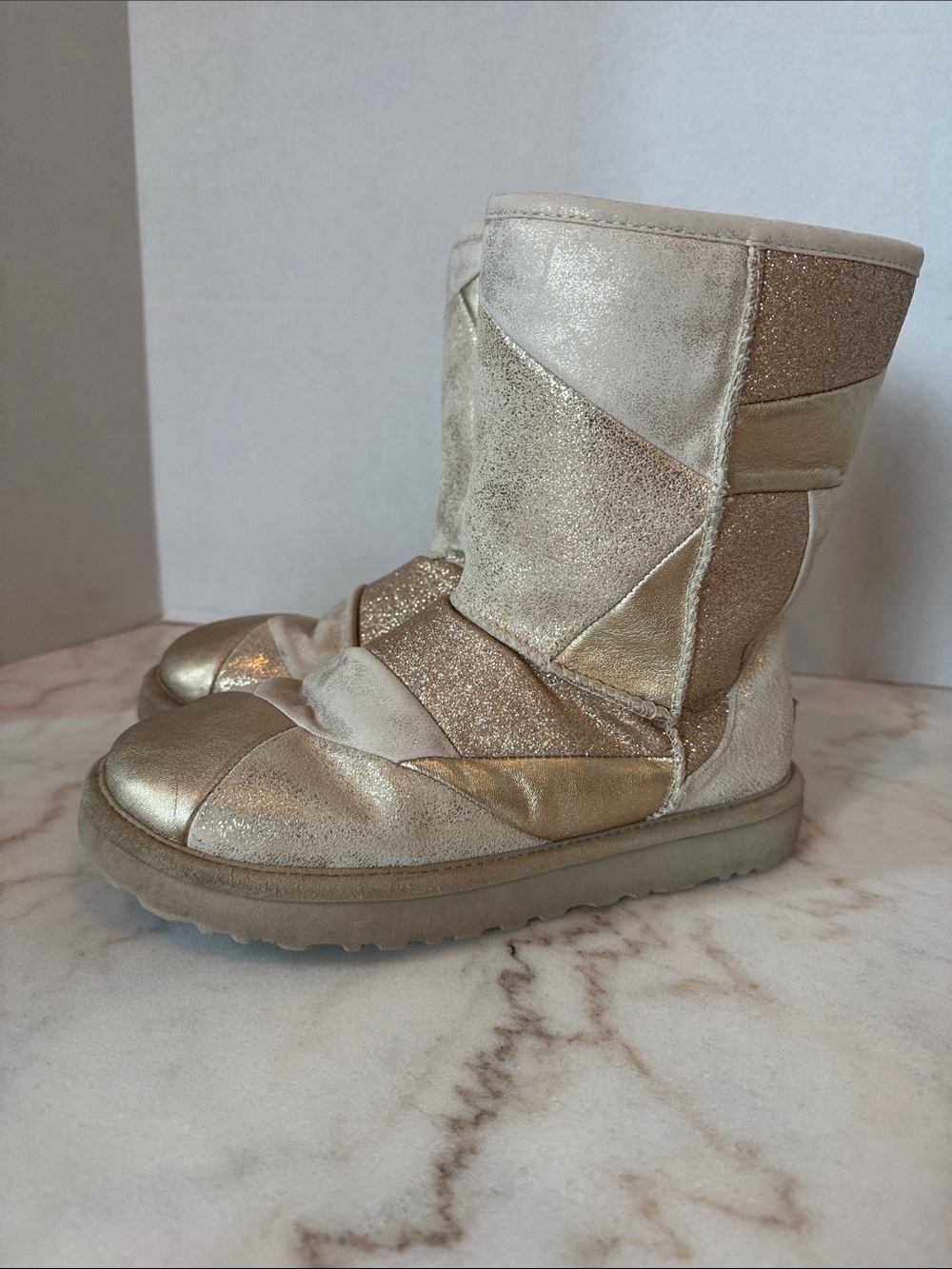UGG Metallic Gold and Cream Patchwork  Boots